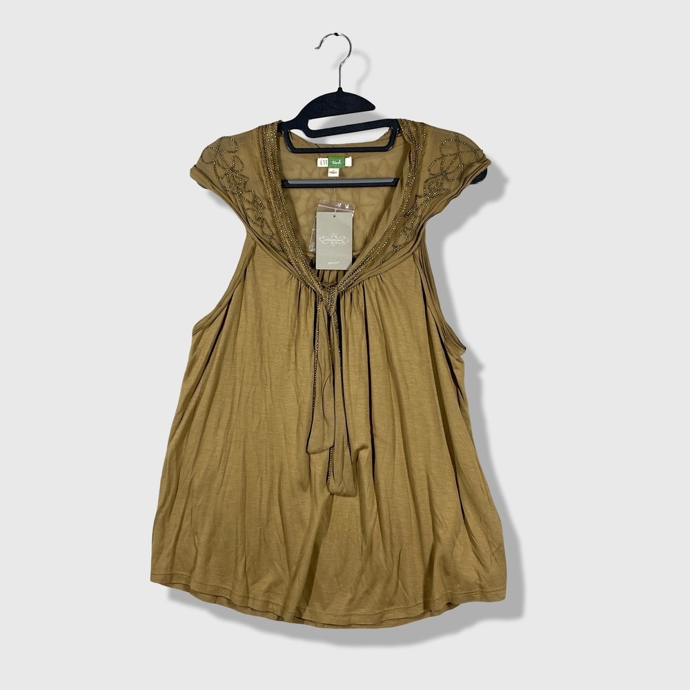 Ett Twa Beaded Cap Sleeve Top Women M Olive Green Boho Anthropologie Chic